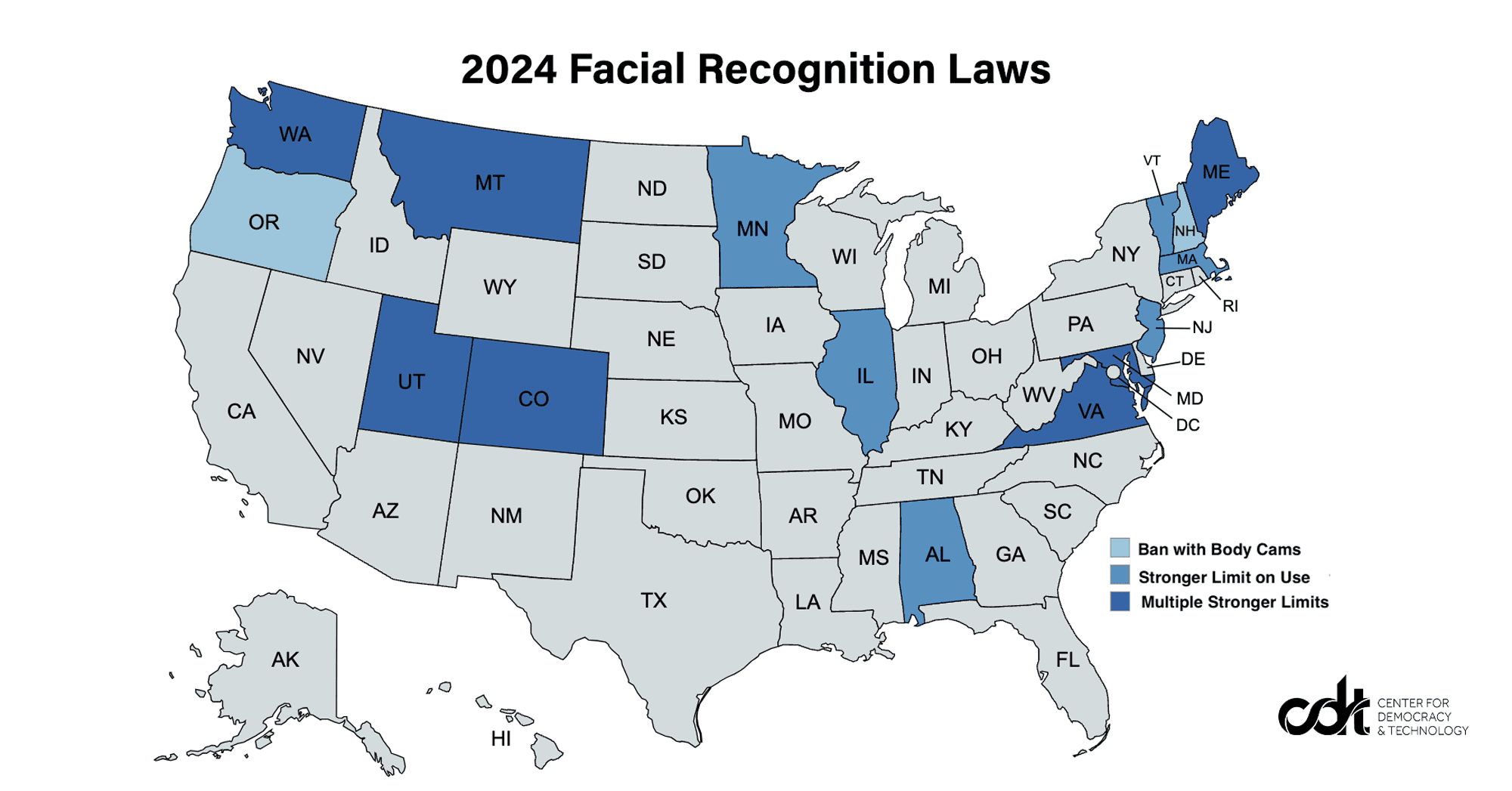 U.S. Map view of states by facial recognition law limits for police body camera, from techpolicy.press.