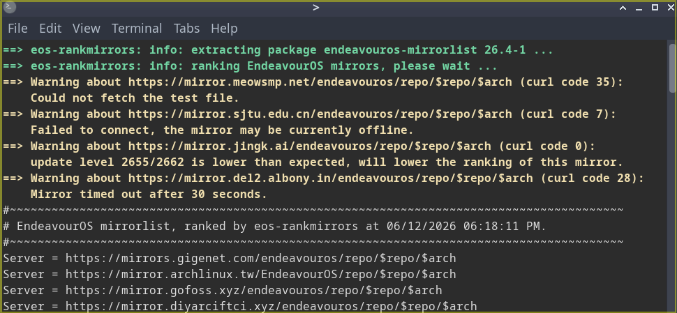 eos-rankmirrors terminal output listing timed-out mirrors and the new mirrorlist.