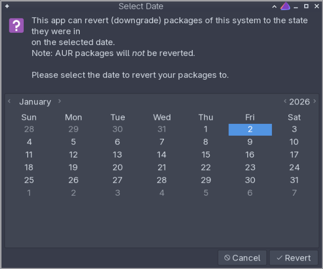 A GUI window for the eos-shifttime tool displaying a monthly calendar. The selected date is January 2, 2026.