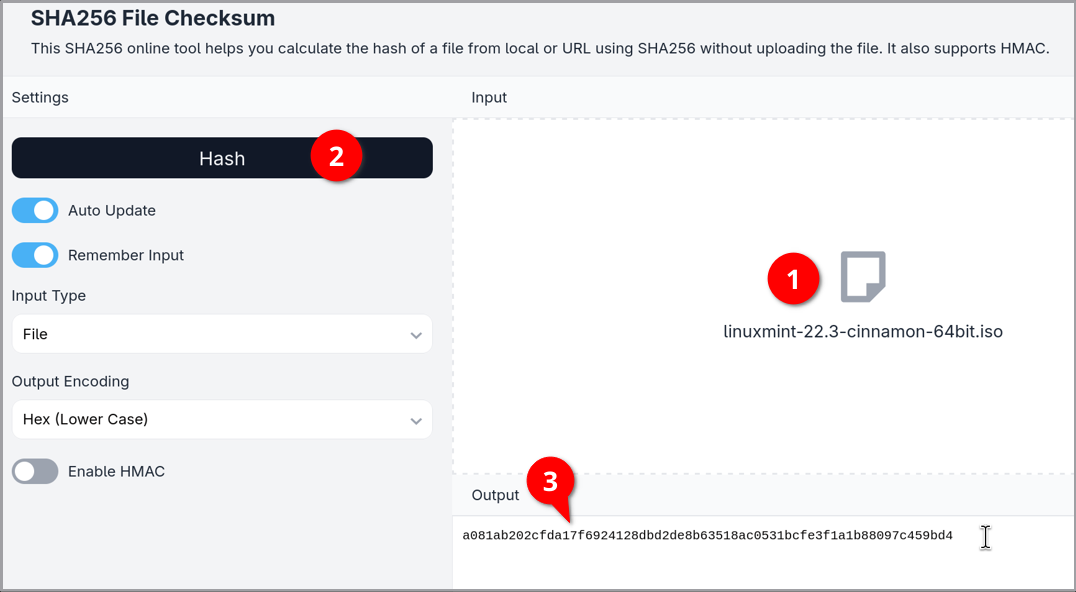 The three steps of adding an input file, hashing, and copying the output string from the emn178 SHA256 checksum tool.