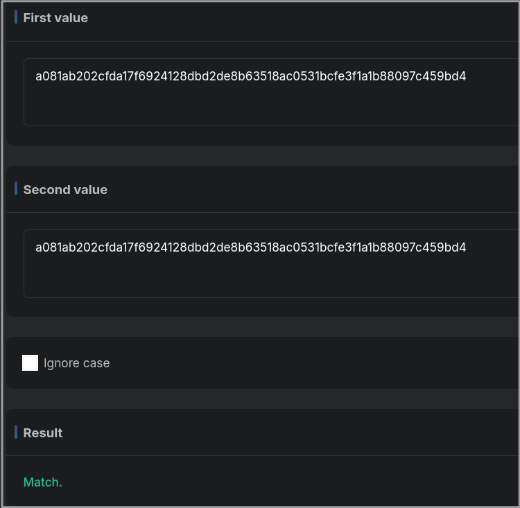 The Toolsley checksum tool showing a matching result for the first and second value fields.