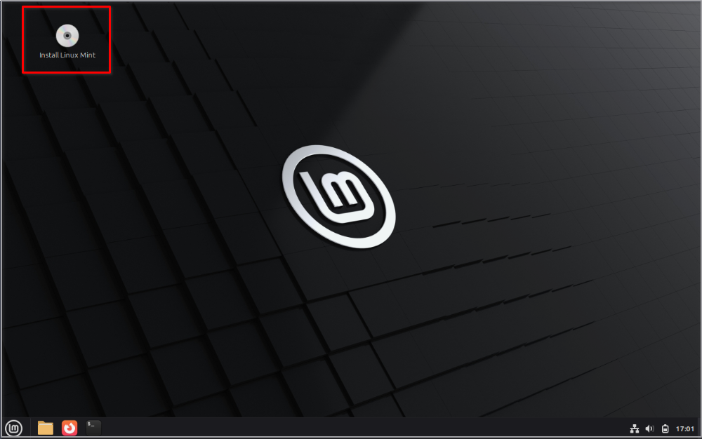 The Linux Mint desktop from a live session with the installation helper in the top left corner.