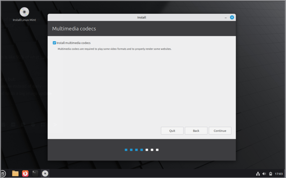 Linux Mint installation prompt to install multimedia codecs.