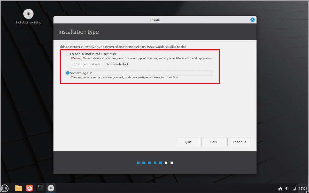 Linux Mint installation prompt for either erasing the disk partitions or setting them up manually.