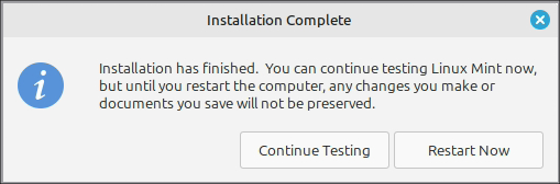 Linux Mint installation complete notice window