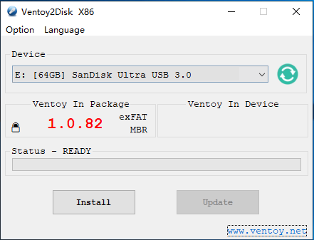 Ventoy2Disk installation window asking for user to select the USB device to use.
