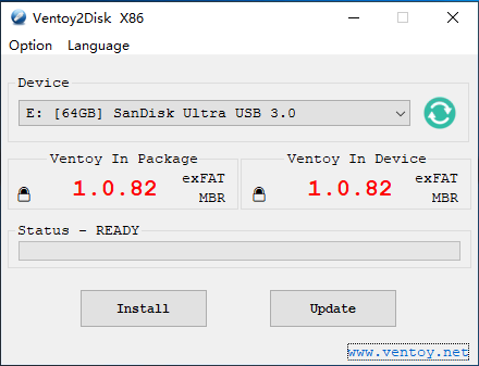 Ventoy2Disk installation post-installation window showing Ventoy now on the USB device.