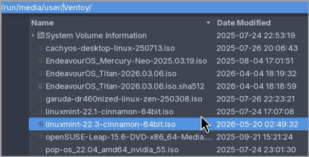 Ventoy USB device with multiple Linux distro .iso files