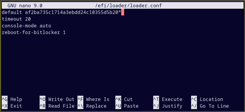 Terminal window showing the loader.conf file being edited with GNU nano editor