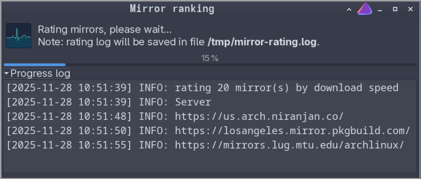 eos-rankmirrors terminal output listing timed-out mirrors and the new mirrorlist.