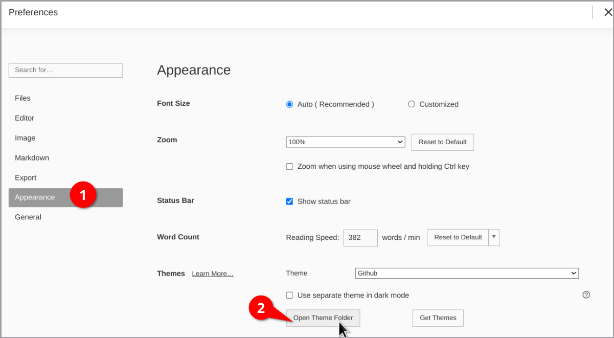 The Appearance tab in the Preferences options menu