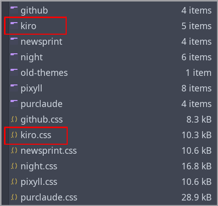 The Typora themes folder containing theme folders and .css files