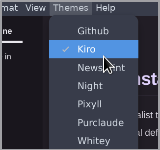Applying a newly available Typora theme after refreshing the application through the Themes menu.