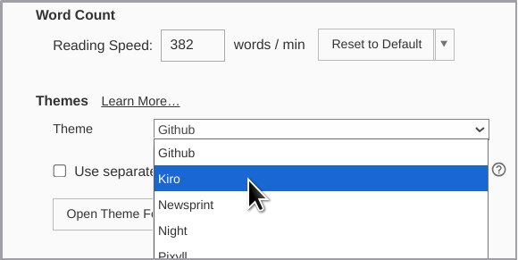 Applying a newly available Typora theme through the Preferences menu and Appearance tab options.